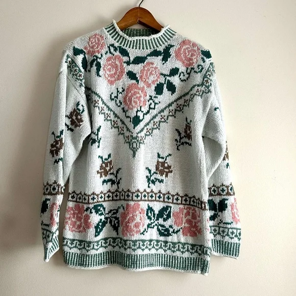 Vintage Rose Floral Knit Mock Neck Sweater - Picture 1 of 11